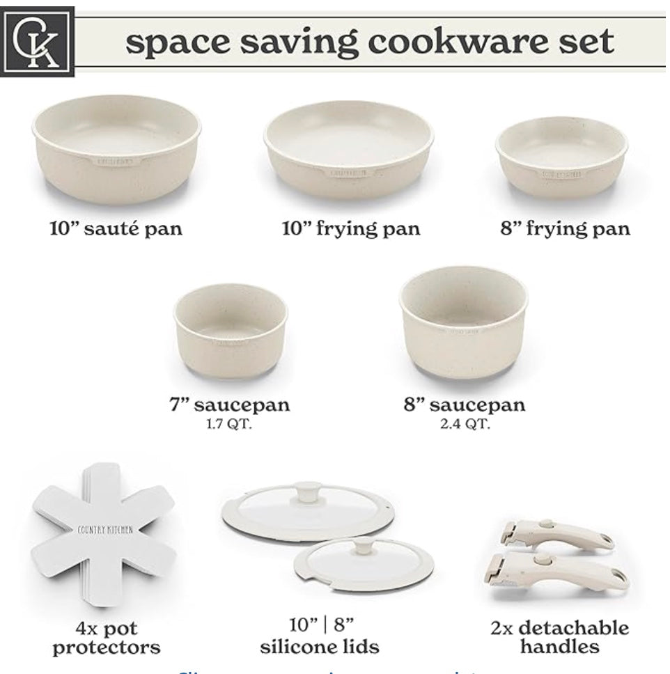Space-Saving Non-Stick Cookware Set with Detachable Handles